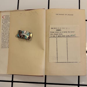 Puede incluir: Un libro abierto con el t&iacute;tulo "The Secret of Dreams" y una tarjeta de biblioteca. Un broche rectangular con detalles rojos, azules y plateados descansa en la p&aacute;gina izquierda. El libro est&aacute; sobre una superficie de baldosas blancas.