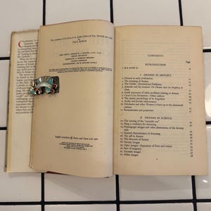 Puede incluir: Un libro abierto con texto y un alfiler decorativo. El alfiler es plateado con un dise&ntilde;o turquesa, blanco y rojo. Las p&aacute;ginas del libro est&aacute;n amarillentas y el texto incluye la palabra "DREAMS". El libro est&aacute; sobre una superficie de baldosas blancas.