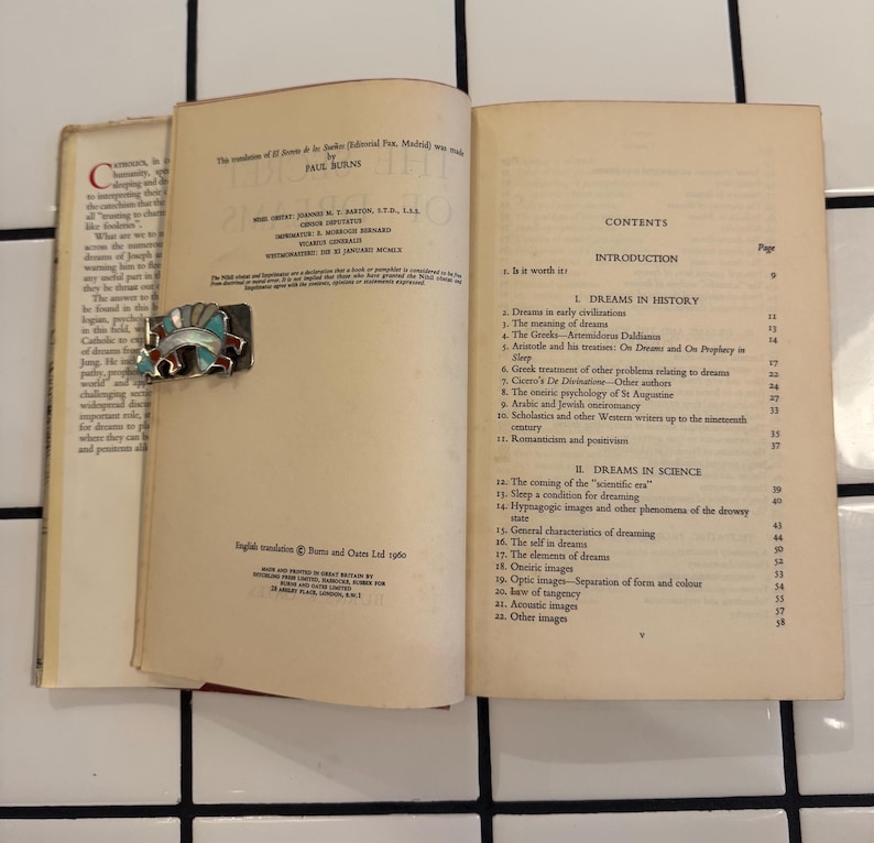 Puede incluir: Un libro abierto con texto y un alfiler decorativo. El alfiler es plateado con un dise&ntilde;o turquesa, blanco y rojo. Las p&aacute;ginas del libro est&aacute;n amarillentas y el texto incluye la palabra "DREAMS". El libro est&aacute; sobre una superficie de baldosas blancas.