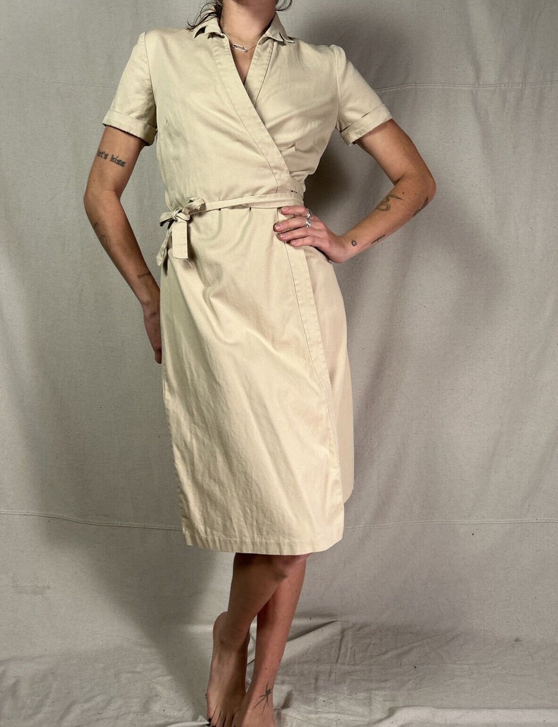 Banana Republic Khaki Wrap Dress Womans 0 Short Sleeve V Neck Cotton