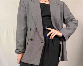 Vintage grijze blazer met dubbele rij knopen – oversized pasvorm