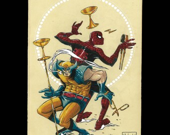 Glass blowing Spiderman and Wolverine - Print of Original Hand-made Pen and Ink Illustration