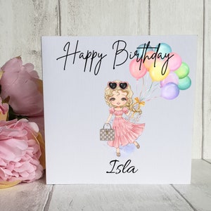Birthday girl birthday card , personalised doll
