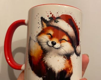 Cute Christmas fox mug  red inner and handle