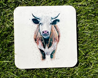 Hand drawn Cow coaster.  Cork backed or slate available