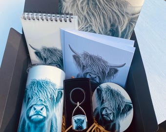 highland cow gift box , contains tote bag, thermal mug, coaster , Keyring , notebook, cards