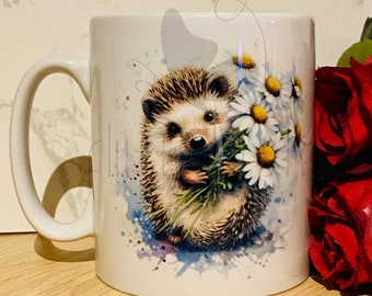Hedgehog with daisies mug with matching coaster,  wildlife