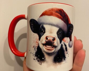 Cute Christmas calf mug  red inner and handle