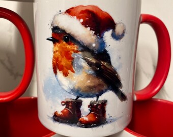 Cute Robin in boots Christmas mug