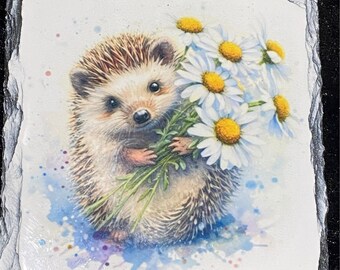 Hedgehog with daisies coaster .  Cork backed or slate available