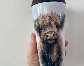 Cute highland cow in heather thermal travel mug