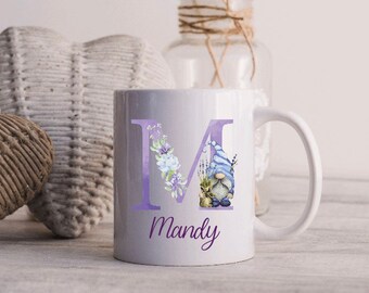 Initial gonk/gnome mug purple floral design