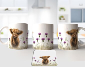 Cute highland cow in heather mug , coaster , mug and coaster set gift
