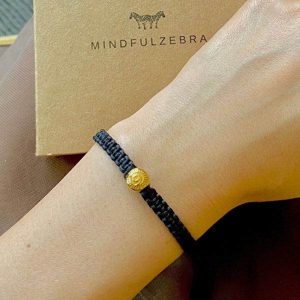 Gratitude Bracelet, Black Woven Bracelet w/ Gratitude Symbol Gold Bead - Mindfulness Jewelry, Meaningful Bracelet, Meaningful Gifts