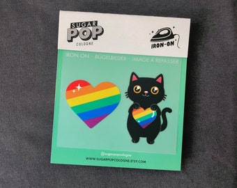 Patch to iron on Pride Cat LGBTQ LGBTQAI+ Rainbow Flag heart // SUGARPOP