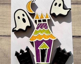 Handmade wooden haunted house Halloween magnets