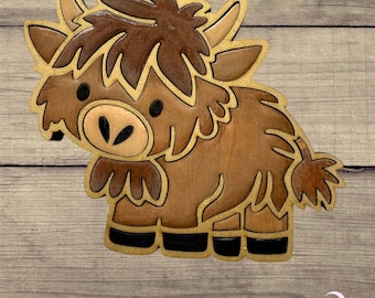 Wooden handmade chunky highland cow magnet