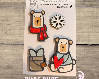 Handmade wooden winter polar bear snow magnets