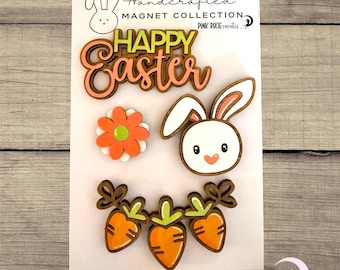 Handmade wooden Easter bunny magnets set