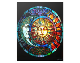 Celestial Bodies, Sun and Moon stained glass inspired print Satin Posters (210gsm)
