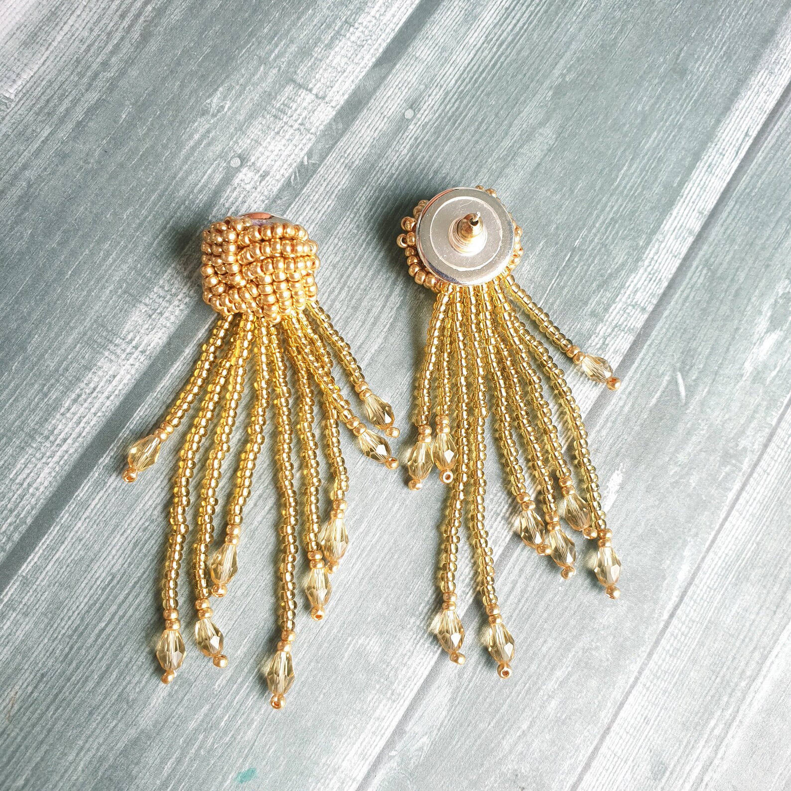 Gold beaded knot earrings Monkey's knot fist beaded tassel Etsy