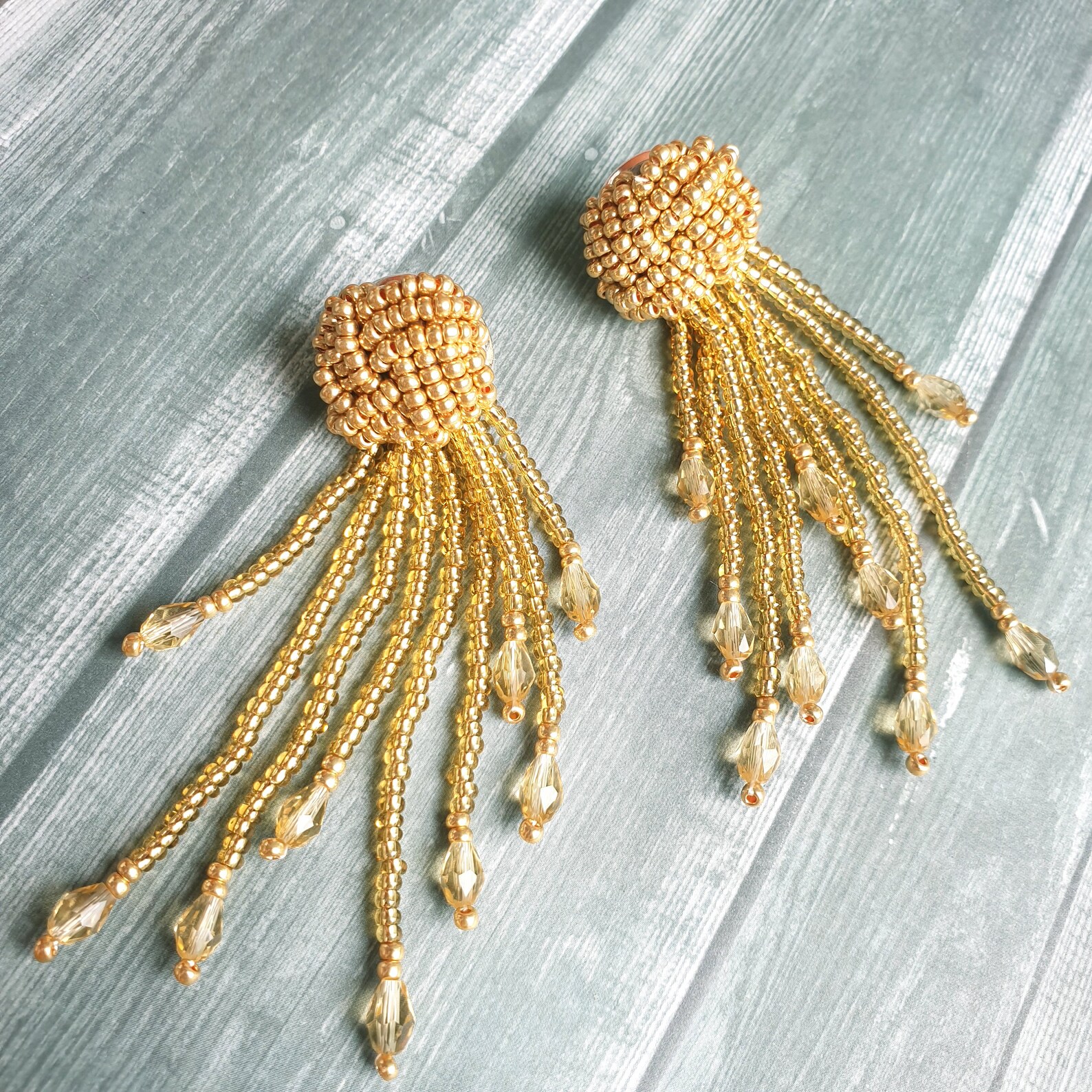 Gold beaded knot earrings Monkey's knot fist beaded tassel Etsy