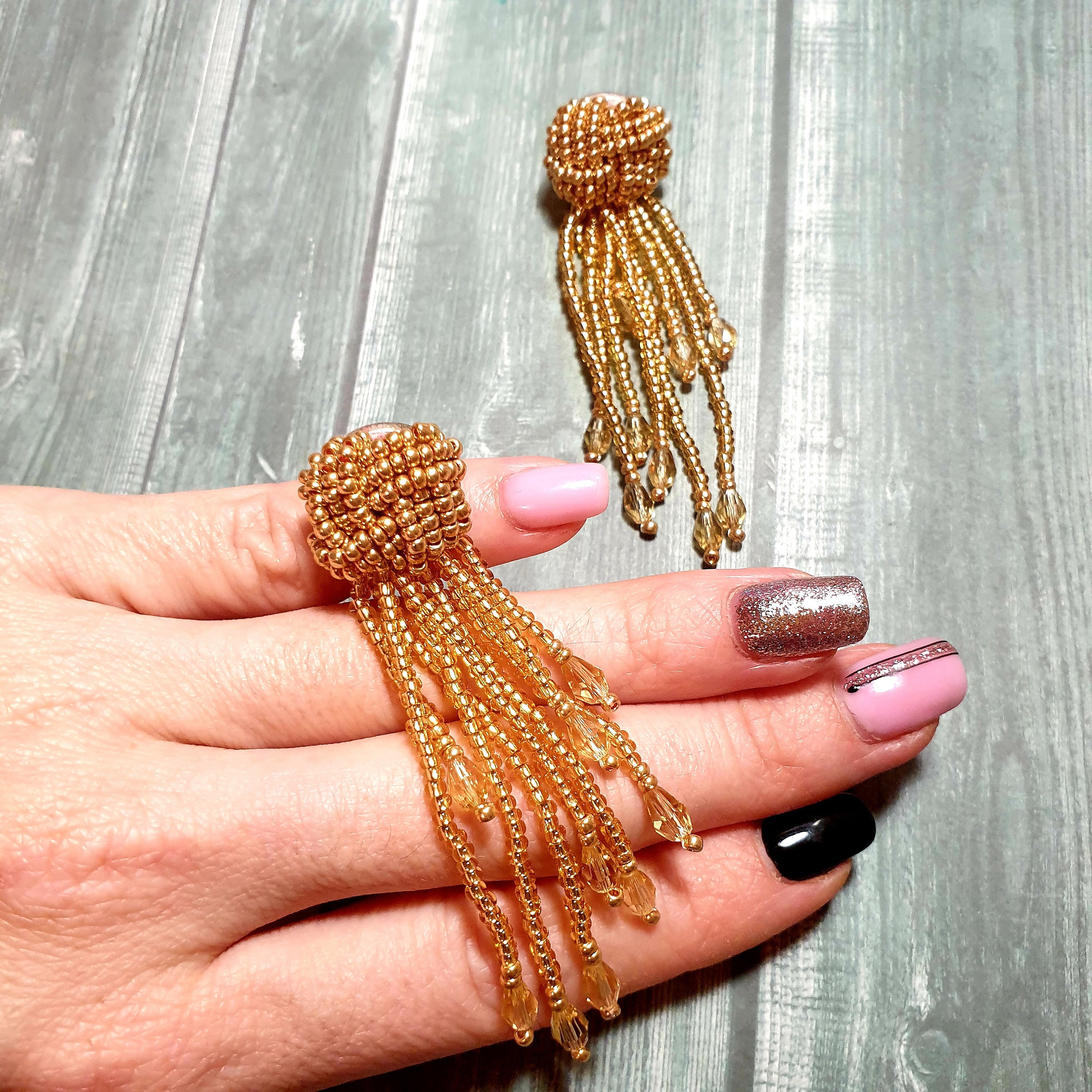 Gold beaded knot earrings Monkey's knot fist beaded tassel Etsy