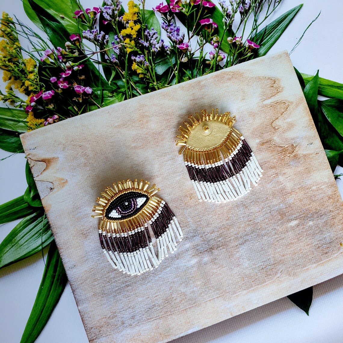 Evil Eye Perlen Quaste Ohrring Großes Böses Auge Lila gold | Etsy