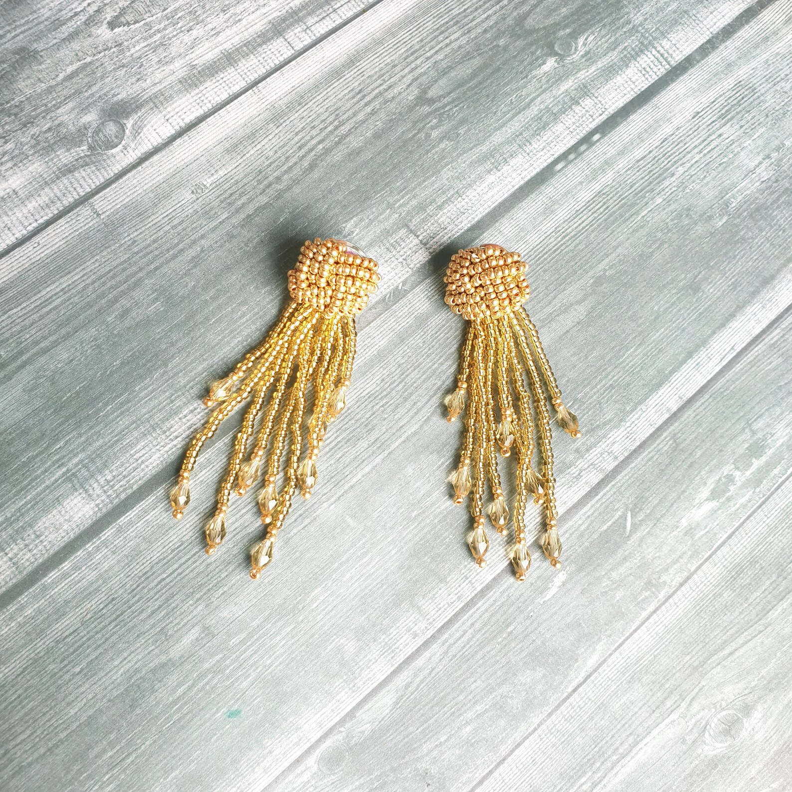 Gold beaded knot earrings Monkey's knot fist beaded tassel Etsy