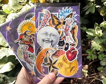 Whimsical Celestial Sticker Pack – Vintage Moon, Jester & Mystical Illustrations for Journaling, Scrapbooking, Laptops