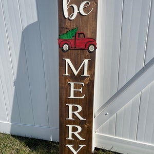 Christmas Porch Vertical I Porch Leaner I Entryway Sign I Holiday Front Porch I Red Truck Christmas I Raised Truck and Letters I Be Merry
