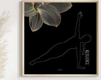 Yoga Pose in Black and Gold | Resilience |  Minimal Healing Yoga Wall Art | For Spa, Sudio, Home Decor, Instant Digital Download