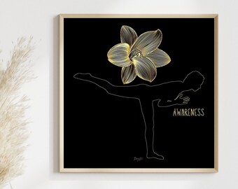 Yoga Pose in Black and Gold | Awareness |  Minimal Healing Yoga Wall Art | For Spa, Sudio, Home Decor, Instant Digital Download