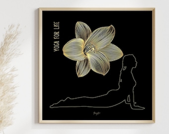 Yoga Pose in Black and Gold | Yoga For Life | Minimal Healing Yoga Wall Art | For Spa, Sudio, Home Decor, Instant Digital Download