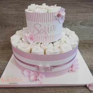 Torta porta pannolini per neonato, personalizzata. Originale e utile idea regalo per nascita o baby shower.