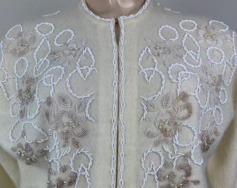 Vintage 50s Cream/White Beaded Cardigan Sweater