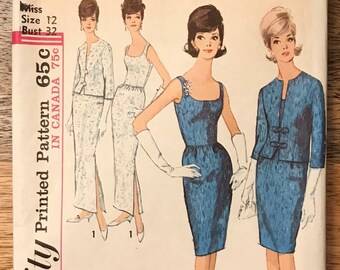 May include: Vintage Simplicity sewing pattern number 5658 for a dress and jacket. The pattern is for a size 12 with a bust measurement of 32 inches. The pattern is printed in Canada and costs 65 cents.
