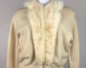 Vintage 50s Cream Cashmere Sweater With Mink Collar
