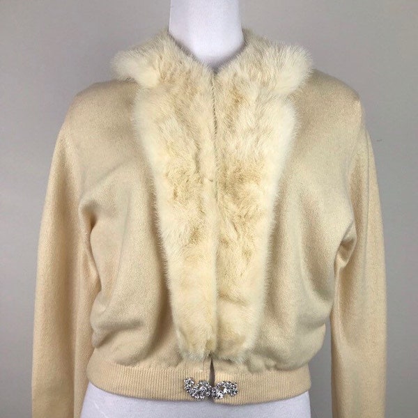 Vintage 50s Cream Cashmere Sweater With Mink Collar