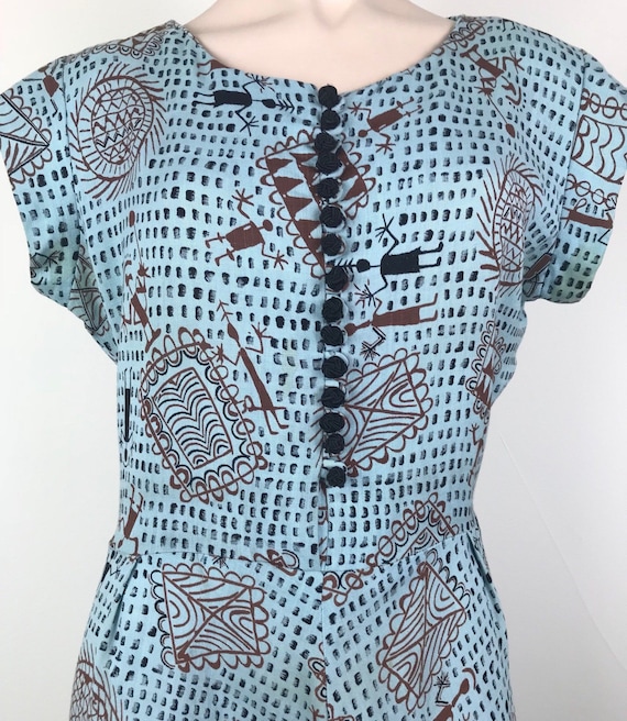 Vintage 40s Novelty Print Dress With Knot Buttons