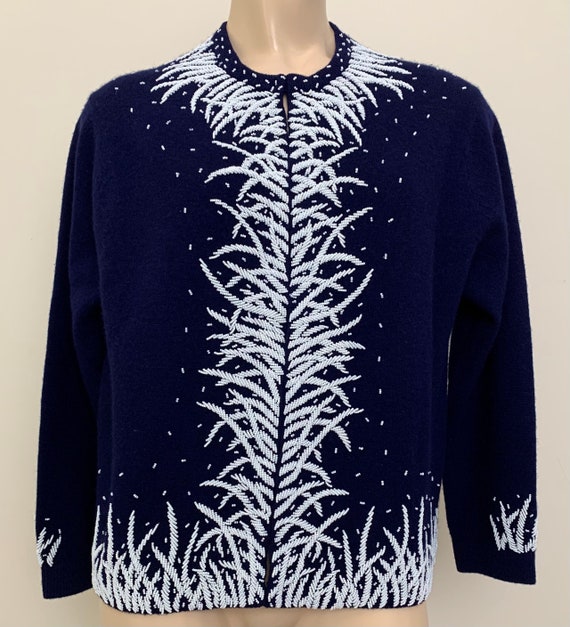 Vintage 50s Navy/White Beaded Cardigan Sweater - image 2