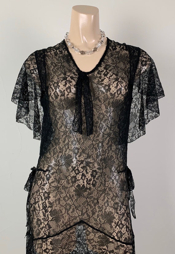 Vintage 20s 30s Black Lace Capelet Dress