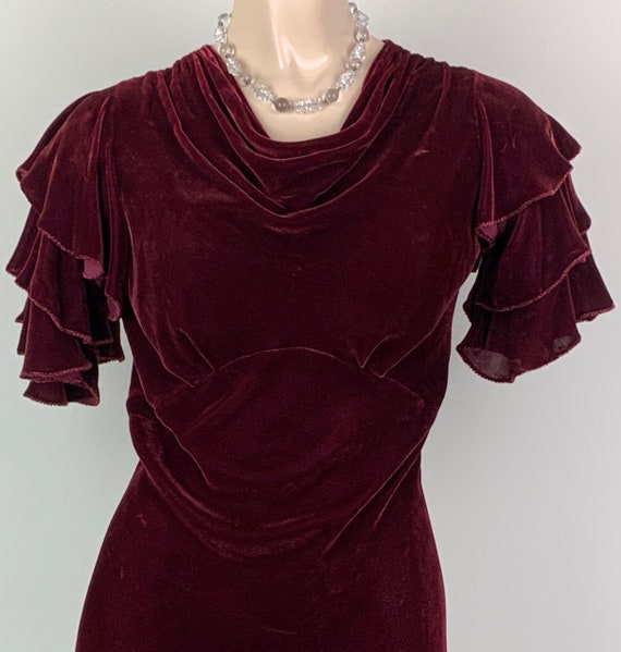 Vintage 30s Burgundy Silk Velvet Flutter Sleeve Dr