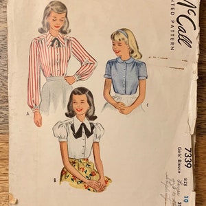 40s McCalls 7339 Girls Top Blouse Pattern