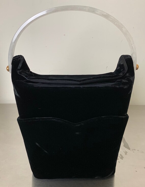 Vintage 50s Black Velvet Bucket Handbag With Luci… - image 3