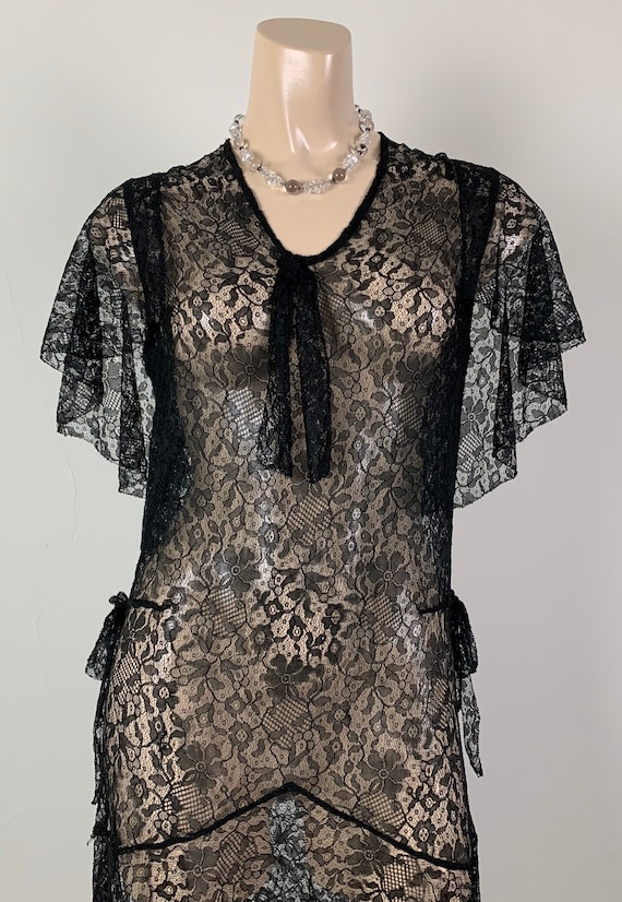 Vintage 20s 30s Black Lace Capelet Dress