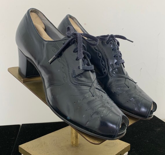 Vintage 30s 40s Navy Leather Lace Up Peep Toe Oxfo