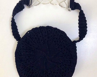 Vintage 40s Navy Crochet Handbag With Carved Lucite Handle