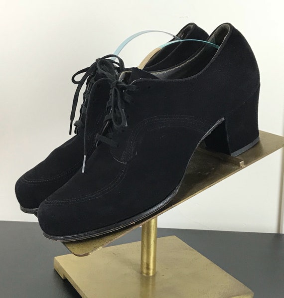 Vintage 30s Black Suede Lace up Oxfords