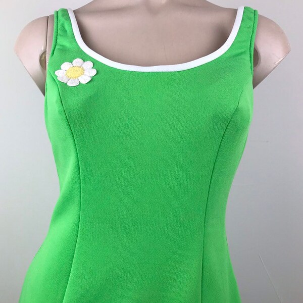 Vintage 50s 60s Green & White Daisy Pin Up Swimsuit Bathing Suit